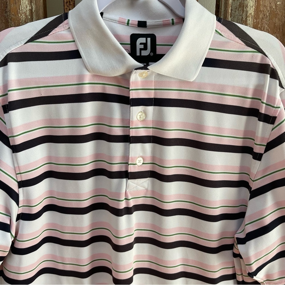 FootJoy Golf Polo Short Sleeve Collar Pink Black White Striped Mens Size Medium - Picture 4 of 6
